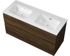 Sanibell Proline møbelsæt i cabana eg med dobbeltskab og to integrerede vaske samt to softclose skuffer.