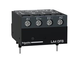 Schneider Electric LA4 DFB interface relæ set fra siden, med synlige skrueterminaler og mærke.