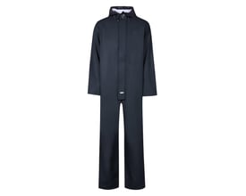 Marineblå regnheldragt LR-13 PU fra Lyngsøe Rainwear i størrelse M, set forfra med hætte og frontlynlås.