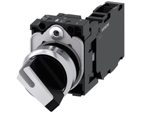 Siemens 22mm rund metal vælgerkontakt i højglans hvid med 1NO/1NC kontakt og skrueklemme, monteret.