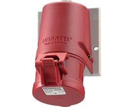 Mennekes CEE udvendigt vægudtag i rød plast, 32A, 5-polet, 400V, IP44 med skrueløs tilslutning og mærkat med tekniske specifikationer.