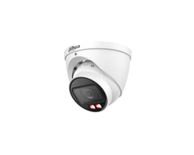 Hvidt Dahua 8 MP Smart Dual Light Eyeball AI-overvågningskamera med motoriseret zoomobjektiv, set skråt forfra.