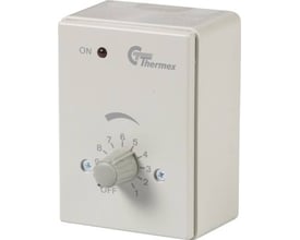 Thermex Regulering TR40 i grå, med drejeknap og nummereret skala fra OFF til 9, samt en rød indikatorlampe.