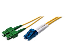 Gul fiberoptisk patchkabel på 10 meter med duplex SC/APC-stik i grøn og LC/UPC-stik i blå på hvid baggrund.