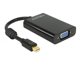 DeLock adapter fra mini DisplayPort 1.1 han til VGA hun i sort, med 20 cm kabel og tydelig mini DisplayPort-stik.