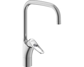 FM Mattsson 9000XE køkkenarmatur med U-tud i børstet krom, vist på hvid baggrund med fokus på det elegante greb og den buede tud.