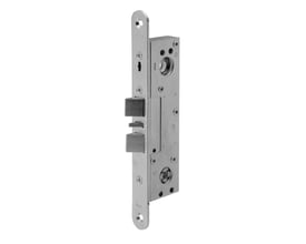 Assa Abloy dobbelt fallelås model 1362 i zinkbehandlet stål, vist forfra med låsetunger og monteringsplade.