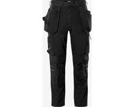 Håndværksbukser i sort stretch materiale fra Kansas, str. 58, med mange funktionelle lommer og ripstop-forstærkninger på knæene.