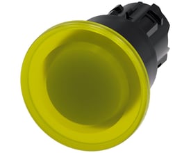 Siemens oplyst paddetrykknap i gul plast med 40mm aktuator, diameter 22mm og integreret låsemekanisme.