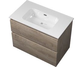 Sanibell Proline møbelsæt med integreret vask i rå eg finish, 81x46cm, med to skuffer og softclose funktion.