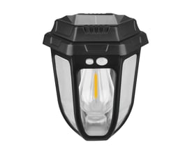 Solara Rustica solcelle-havelampe fra SpectrumLED set forfra med sort lampehus, solcellepanel og synlig pære.
