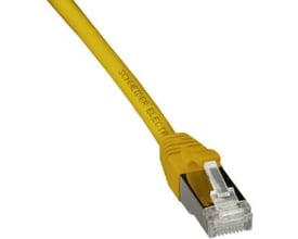 Lauritz Knudsen Cat.6A S/FTP patchkabel på 0,5 meter i gul LSZH med tydelig Schneider Electric tekst.