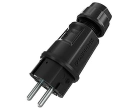 Sort Mennekes SCHUKO-stikprop med to runde ben, jordforbindelse og kabelgland til 16 A og 230 V.