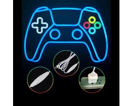 Blåt neon skilt formet som en gamepad, med 5V DC USB-kabel og hvid on/off-knap med lysstyrkeregulering.