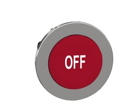 Schneider Electric Harmony XB4 flush trykknap i rød med hvidt "OFF" mærke på en ophøjet trykflade, med sølvfarvet metalramme.
