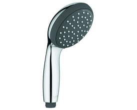 Grohe Vitalio Start håndbruser i krom og mørkegrå, 100mm diameter med Rain strålemønster, isoleret mod hvid baggrund.