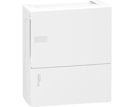 Schneider Electric MiniPragma gruppetavle i hvid set forfra, med tydeligt logo på den nederste del af tavlen.