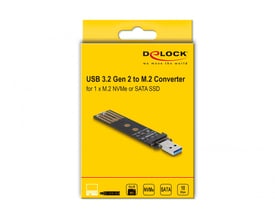 DeLock USB 3.2 Gen 2 konverter til M.2 NVMe eller SATA SSD, vist på gul emballage med produktbilleder og specifikationer.