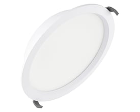 Hvid, rund Ledvance Downlight CMF ZB Dir Easy med opal lysflade og synlige monteringsclips, set skråt forfra.