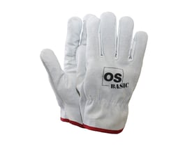 Et par lysegrå BASIC Industry arbejdshandsker i størrelse 10 af bøffellæder med rød kant og sort OS BASIC logo.