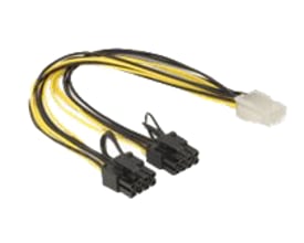 Delock PCI Express-strømkabel på 30 cm med sort kabel, et 6-polet hunstik og to 8-polede hanstik.