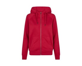 ID Identity rød hættecardigan til damer i størrelse 3XL med gennemgående lynlås og kængurulomme.