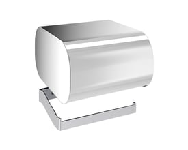 HeFe OUTLINE toiletpapirholder med låg i blank krom, vist fra siden med en synlig holder til papirrullen.
