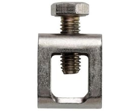 Nærbillede af Weidmüller spændebøjle ZB 35/M6X16 med synlig skrue og gevind, i grå metal.