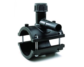 El topanboringsbøjle i sort plast, dimension 75 mm til rør og 32 mm til gren, EU SDR11, PN 16 bar.