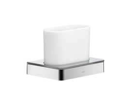 Hansgrohe AX Universal tandglas med en oval, mælkehvid indsats og en blank kromfarvet base. Indsatsen er sat på en rektangulær base med let afrundede hjørner.