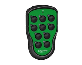 Schneider Electric ZART10 trådløs sender med 10 sorte knapper på grøn baggrund, komplet med batteriindikator og Schneider Electric logo.