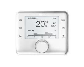 Frontvisning af Bosch CW400 klimastyring, tydeligt display med dato, klokkeslæt, temperatur og grafer for varmestyring.