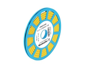 Weidmüller kabelkodningssystem med gule kabelmærker med store bogstaver, oprullet på en blå spole.
