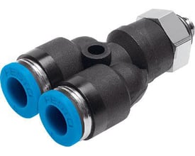 Festo Y-forskruning QSY-M5-6 med to blå indstik og et udvendigt gevind med sekskant på en neutral baggrund.