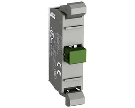 ABB nødstop modul i grå plastik med grøn kontaktblok og mærkat med UL, CE og IEC godkendelser.