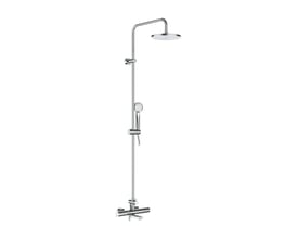 LAUFEN Therm kar- og brusesystem i blank krom med termostat, rund hovedbruser og håndbruser, set forfra.