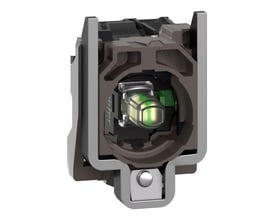 Nærbillede af Schneider Electric Harmony XB4 lampetrykskrop med integreret grøn LED og metalklemme, klar til montering på en trykknap.
