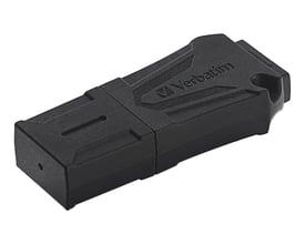 Sort Verbatim ToughMAX USB 2.0-hukommelse på 16 GB set skråt forfra med beskyttende hus.