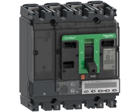 Schneider Electric ComPacT NSX250HB2 4P 4d maksimalafbryder med 100A mærkestrøm og MicroLogic 5.2 E-strømrelæ samt digitalt display.