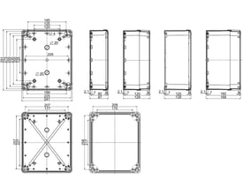 Tekniske tegninger af Schneider Electric Thalassa TBP kasse med gråt låg, mål 275x225x120 mm, viser dimensioner og detaljer i flere vinkler.