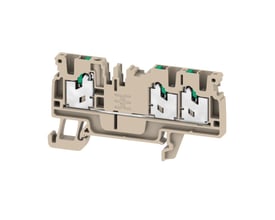 Detaljeret vinkel af Weidmüller AS3C 2.5 gennemgangsklemme i beige, der viser Snap-in mekanisme og 3 tilslutninger for 2,5mm² ledere.