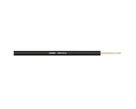 Lapp H07V-U installationskabel med 4 mm² lederdiameter, sort isolering og synlig kobberleder i enden.