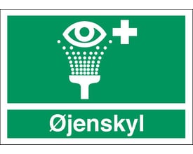 Grønt plastskilt med hvidt symbol for øjenskyl og tekst 'Øjenskyl' i A4-størrelse, 210 x 297 mm.
