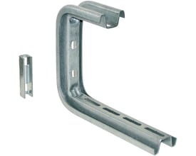 Elforzinket loftkonsol til gitterbakker, 100mm bred, med dimensioner 196mm høj og 153mm bred. Inkluderer en separat monteringsklemme.