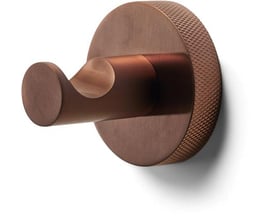 Elegant håndklædekrog i børstet bronze med en cirkulær vægplade og en buet krog, der viser den teksturerede kant.