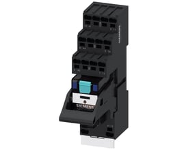 Siemens SIRIUS LZS stikbensrelæ med 2CO kontakter, 24V DC spole, rød LED og push-in klemmer, vist fra siden.