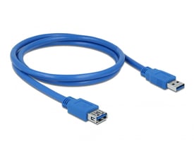 Blåt DeLock USB 3.0 Type-A-forlængerkabel med USB-A-stik og USB-A-bøsning, rullet sammen.