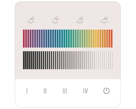 Jumitech Dali-2 touchpanel viser farvepalette med 4 grupper og RGB styring, samt lysstyrkeindstillinger.