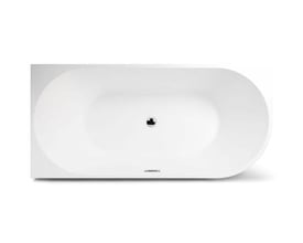 Top view af et mat hvidt Back To Wall badekar i akryl, 1700 mm, med krom pop-up bundventil og overløb.