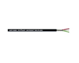 Lapp UNITRONIC BUS PA 1x2x1.3 BK kabel med sort yderkappe og afskærmning, viser røde, hvide og grønne ledere indeni.